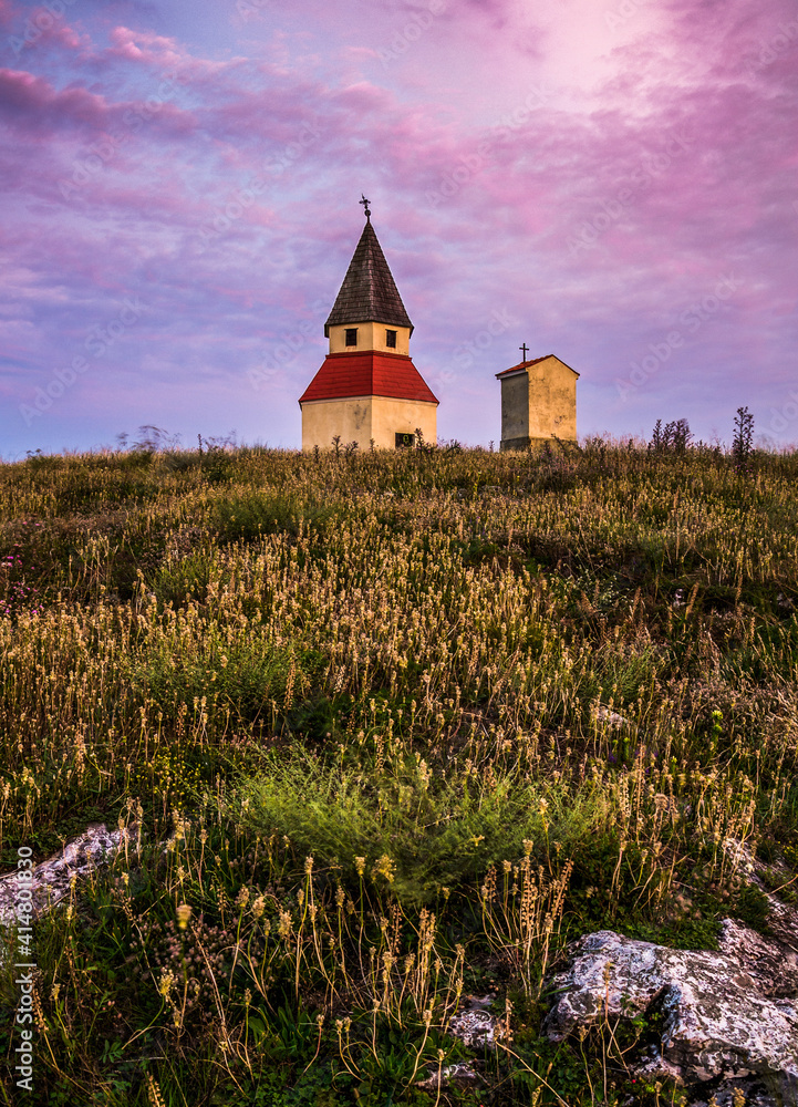 Small Church and a Chapel on the Hill at Sunset on Calvary, Nitra, Slovakia