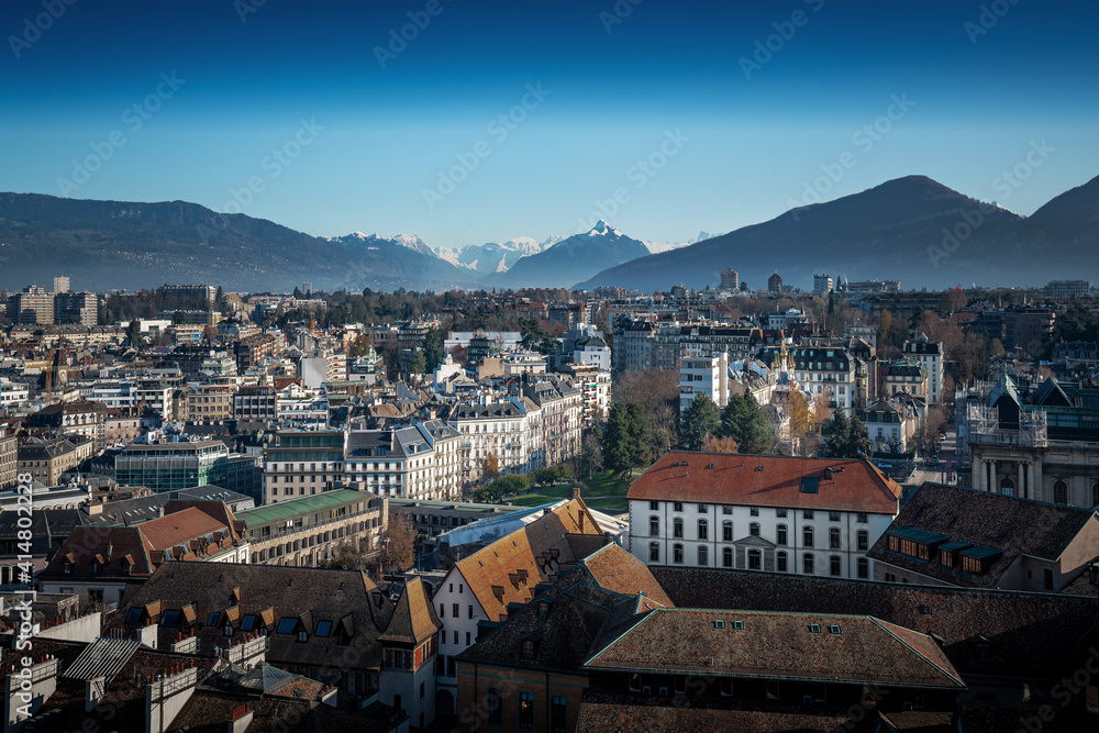 Aerial view of Geneva with Alps Mountains and Mont Blanc on background - Geneva, Switzerland