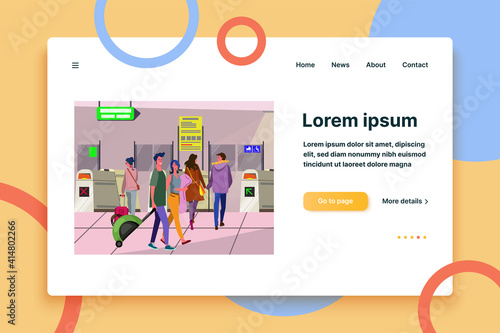 People walking in airport. Tourists wheeling suitcase, running to boarding flat vector illustration. Travel by plane, flight concept for banner, website design or landing web page