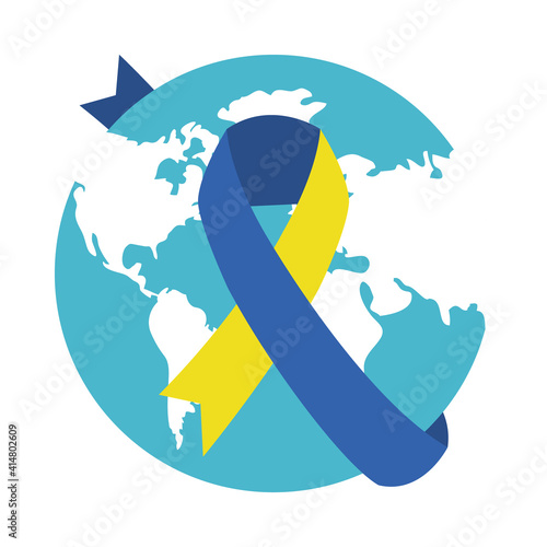 World down syndrome day, earth planet with ribbon around, colorful design