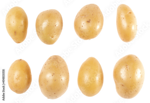 Potatoes set isolated on white background. Top view. Flat lay pattern. Potatoes in air  without shadow.