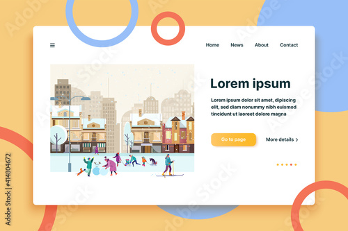 Suburban people enjoying winter activities. Parents, kids skiing, sledging, making snowman flat vector illustration. Leisure outdoors vacation concept for banner, website design or landing web page