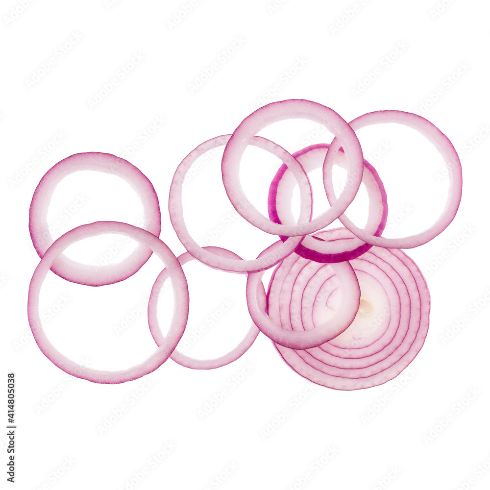 red onion slices isolated on white background. Top view. Flat lay. Red onion slice in air, without shadow. red onion slices isolated on white background. Top view. Flat lay. Red onion slice in air, without shadow.