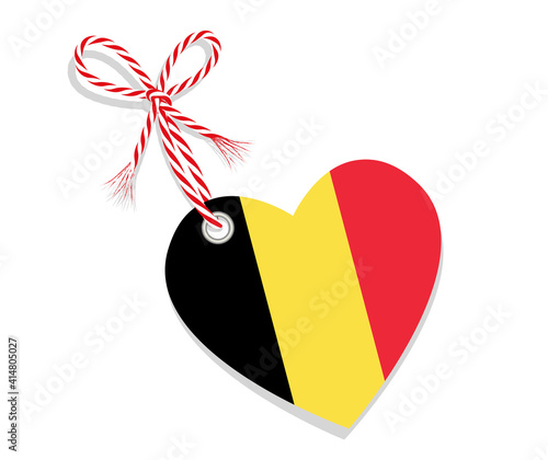 Fahne als Herz  „I Love Belgien,“ mit Kordel-Schleife,
Vektor Illustration isoliert auf weißem Hintergrund
