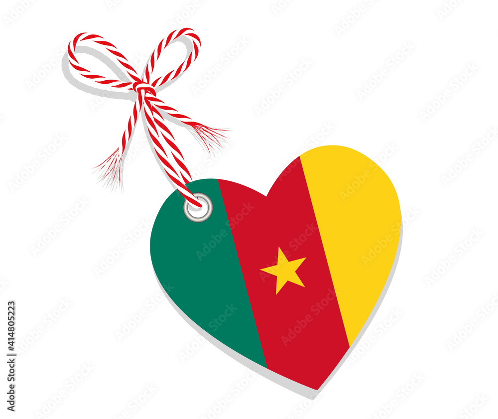 Fahne als Herz „I Love Kamerun“ mit KordelSchleife, Vektor