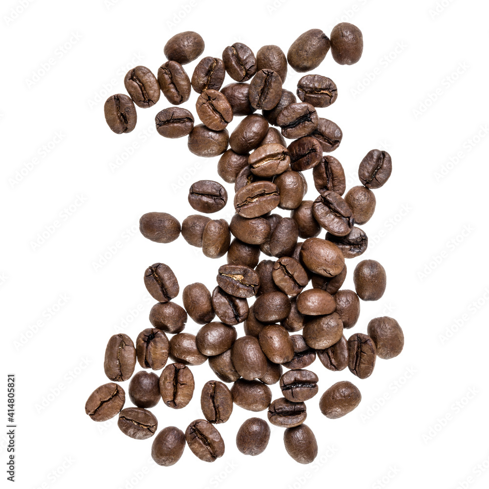 Coffee beans isolated on white background. Top view. Flat lay. Coffee beans flow in air, without shadow. Coffee beans isolated on white background. Top view. Flat lay. Coffee beans flow in air, without shadow.