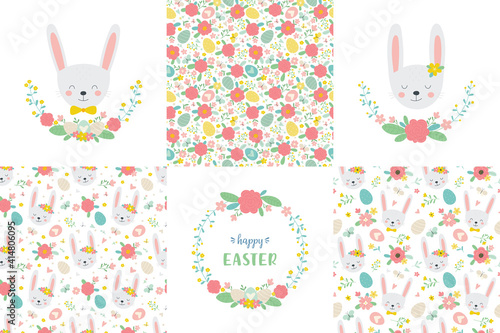 Cute Easter set. Easter bunnies floral wreaths and seamless patterns in cartoon style. Colorful childish drawing with simple rabbits, butterfly, Easter eggs and flowers.