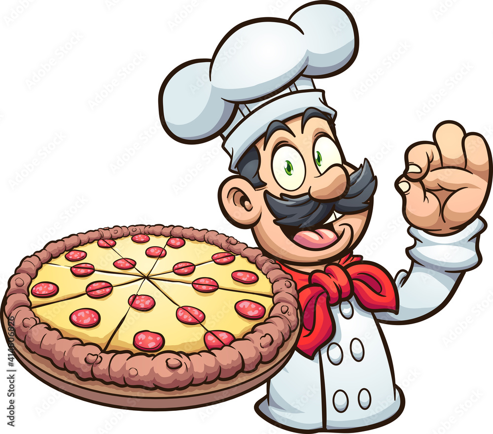 Chef holding a big pepperoni pizza cartoon. Vector clip art illustration. All on a single layer.
Chef holding a big pepperoni pizza cartoon. Vector clip art illustration. All on a single layer.