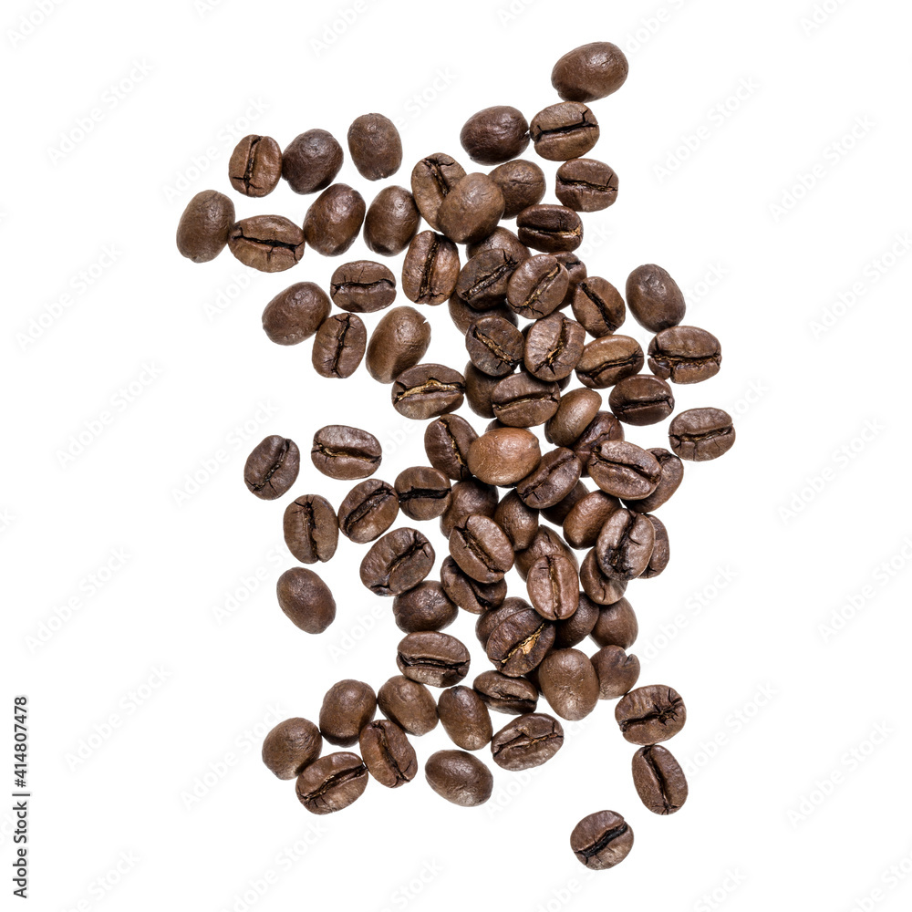 Coffee beans isolated on white background. Top view. Flat lay. Coffee beans flow in air, without shadow. Coffee beans isolated on white background. Top view. Flat lay. Coffee beans flow in air, without shadow.