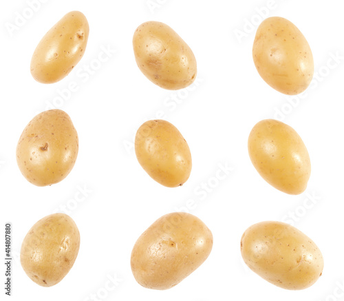 Potatoes set isolated over white background. Top view. Flat lay pattern. Potatoes in air, without shadow.