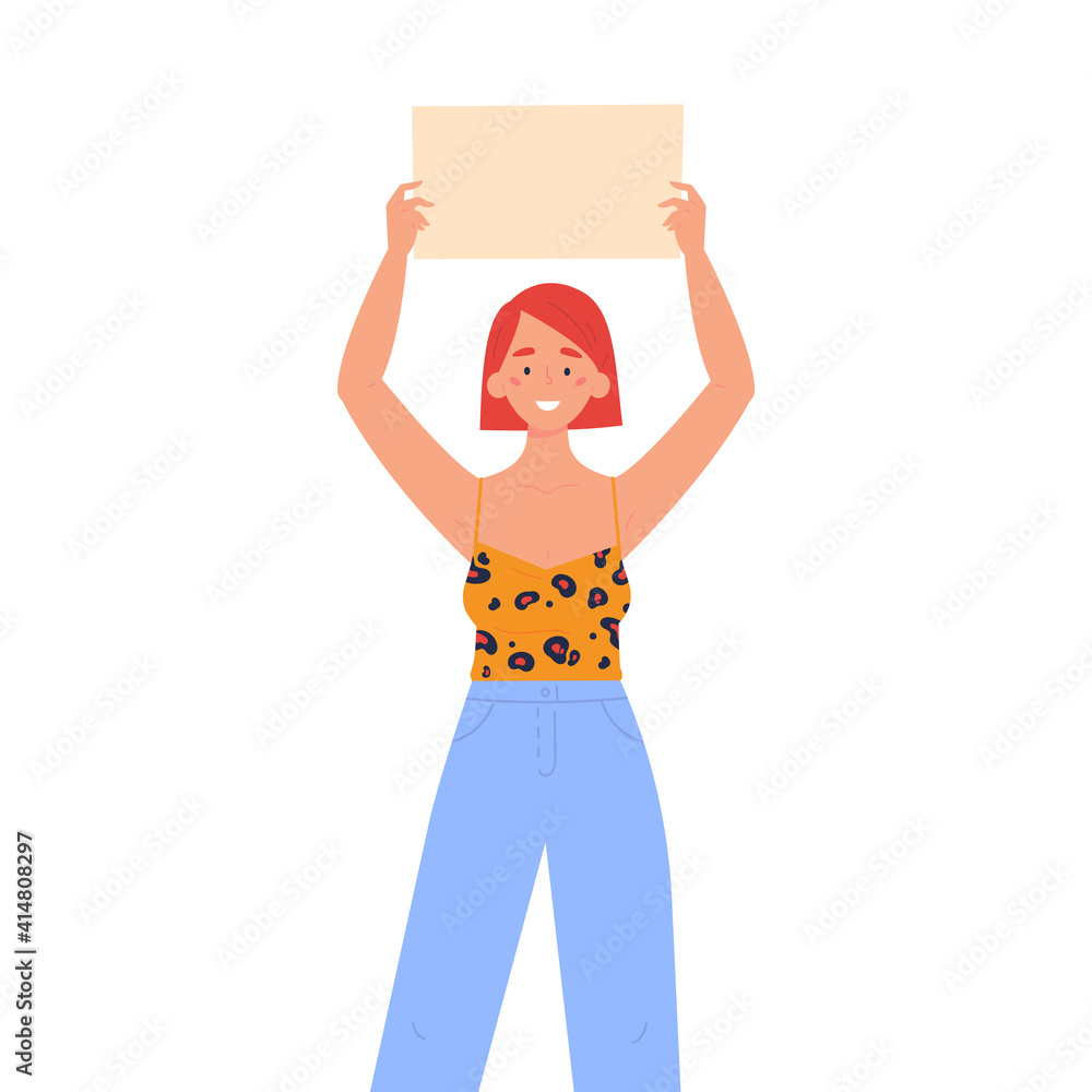 Girl holding a blank poster with place for text. A young woman holds a bullet leaf in her hands. Teenage girl shows a poster. Hand drawn style vector trendy illustration. Girl holding a blank poster with place for text. A young woman holds a bullet leaf in her hands. Teenage girl shows a poster. Hand drawn style vector trendy illustration.