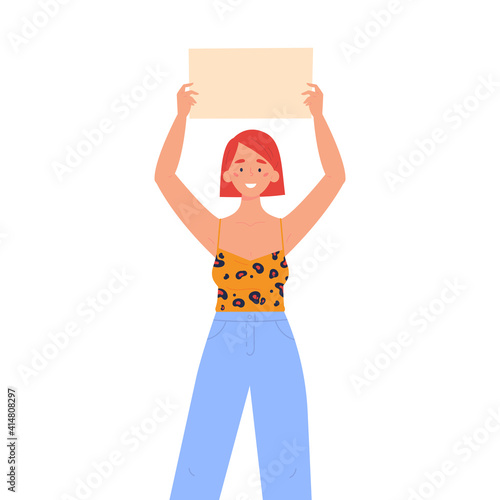Girl holding a blank poster with place for text. A young woman holds a bullet leaf in her hands. Teenage girl shows a poster. Hand drawn style vector trendy illustration.