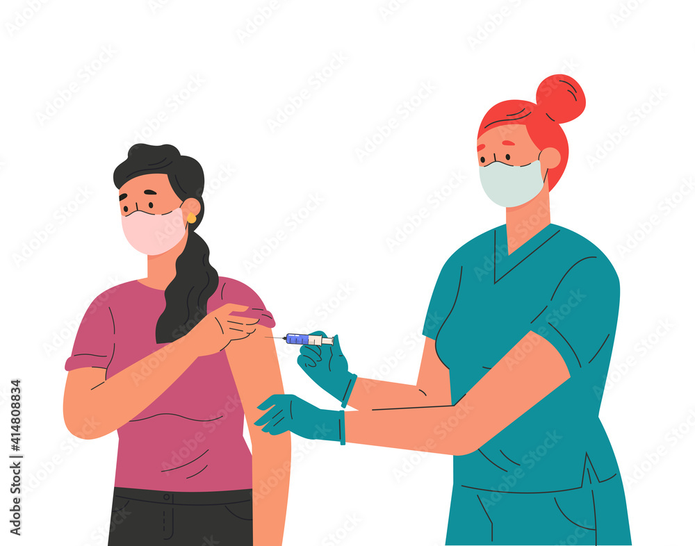 A female nurse makes a vaccine to female patient. Concept illustration for immunity health. Covid vaccine. Doctor in gloves and protective mask. Flat illustration isolated on white background. A female nurse makes a vaccine to female patient. Concept illustration for immunity health. Covid vaccine. Doctor in gloves and protective mask. Flat illustration isolated on white background.