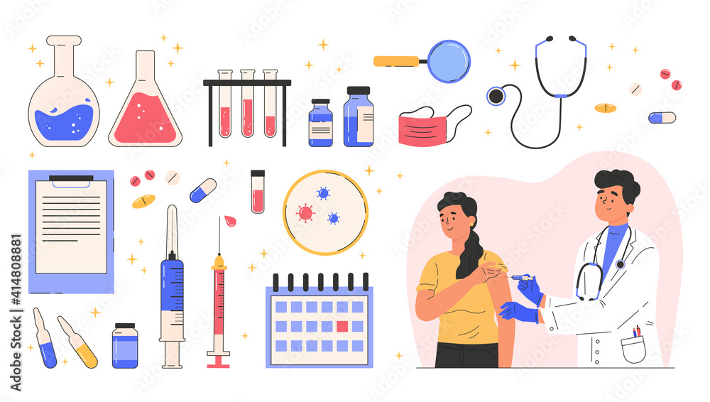 Concept poster with various objects that stand the invention of the vaccine and vaccination. Doctor makes a vaccine to female patient. Immunity health. Flat illustration isolated on white background. Concept poster with various objects that stand the invention of the vaccine and vaccination. Doctor makes a vaccine to female patient. Immunity health. Flat illustration isolated on white background.