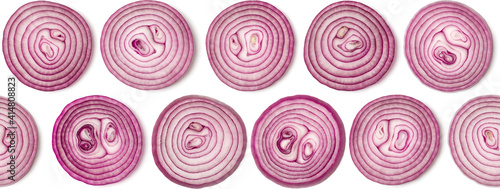Creative layout made of onion slices. Flat lay  top view. Vegetables isolated on white background. Food ingredient seamless pattern.. Banner..