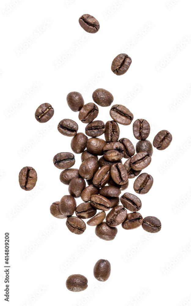 Naklejka premium Coffee beans isolated on white background. Top view. Flat lay. Coffee beans flow in air, without shadow..