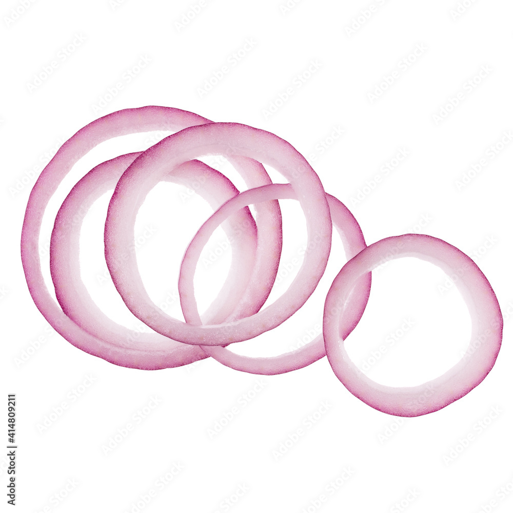 red onion slices isolated on white background. Top view. Flat lay. Red onion slice in air, without shadow.. red onion slices isolated on white background. Top view. Flat lay. Red onion slice in air, without shadow..