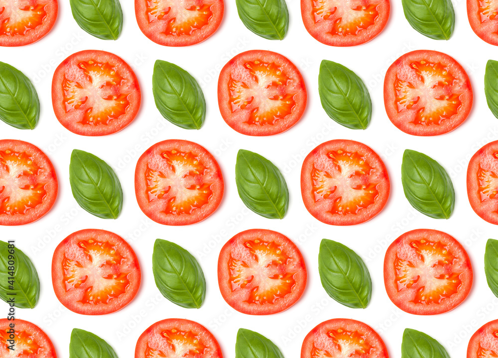 Creative layout made of tomato slices. Flat lay, top view. Vegetables isolated on white background. Food ingredient seamless pattern... Creative layout made of tomato slices. Flat lay, top view. Vegetables isolated on white background. Food ingredient seamless pattern...