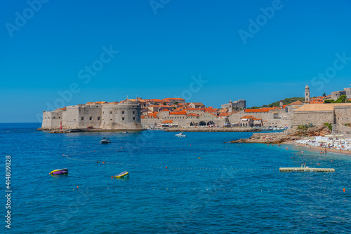 Aerial view of Dubrovnik behind a beach, Croatia photo