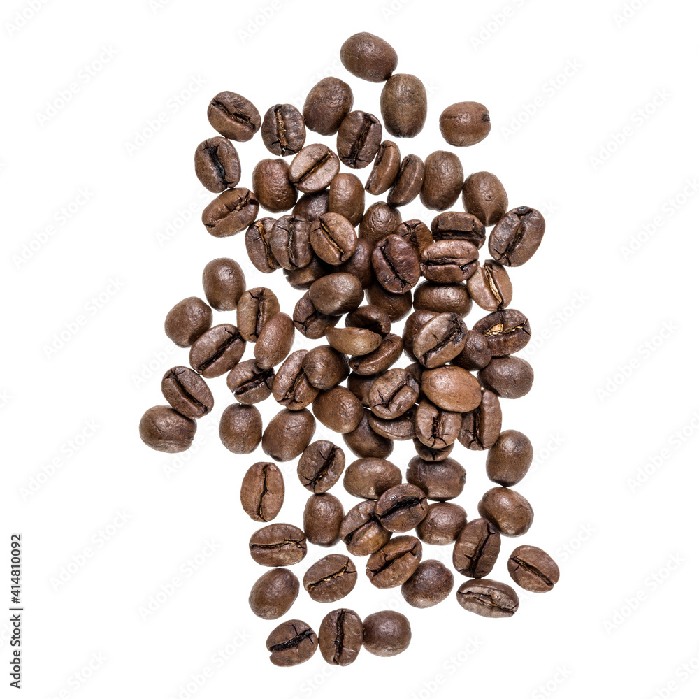 Coffee beans isolated over white background. Top view. Flat lay. Coffee beans flow in air, without shadow.. Coffee beans isolated over white background. Top view. Flat lay. Coffee beans flow in air, without shadow..