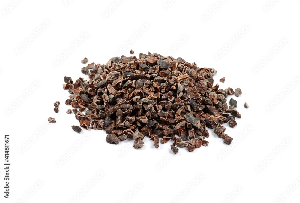 Cocoa nibs, a pieces of broken cocoa beans isolated, top view Cocoa nibs, a pieces of broken cocoa beans isolated, top view