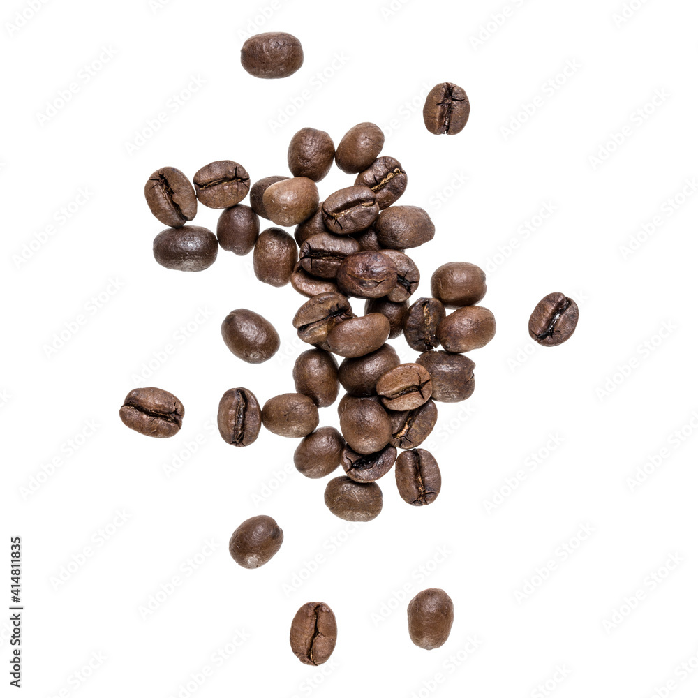 Coffee beans isolated over white background. Top view. Flat lay. Coffee beans flow in air, without shadow.. Coffee beans isolated over white background. Top view. Flat lay. Coffee beans flow in air, without shadow..