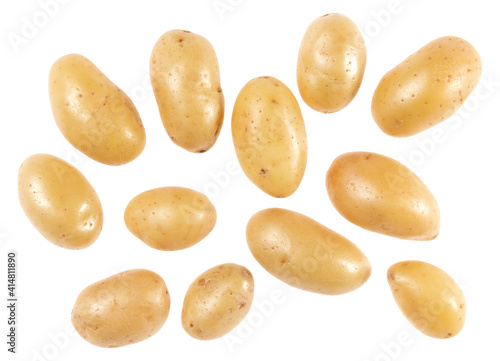 Potatoes isolated over white background. Top view. Flat lay pattern. Potatoes in air, without shadow..