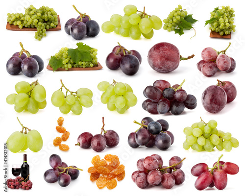 Grape berries collection isolated on white background cutout. Set of different grape branches, wine bottle and raisin
