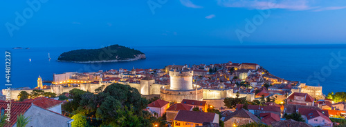 Sunset aerial view of Croatian town Dubrovnik and Lokrum island