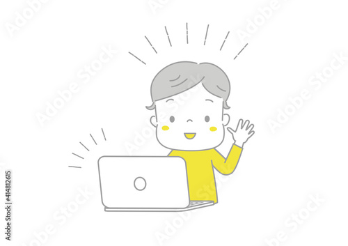 オンラインで会話する男の子　テレビ電話　パソコン