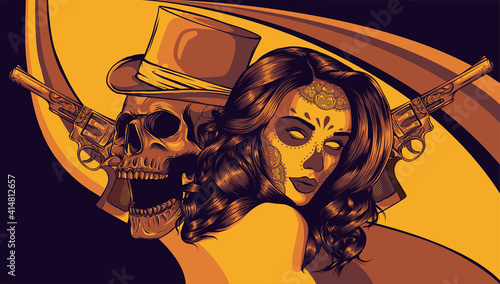 beautiful gangstar girl and skull vector illustration