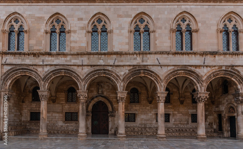 Sunrise view of arcade of the rector's palace in Dubrovnik, Croatia photo