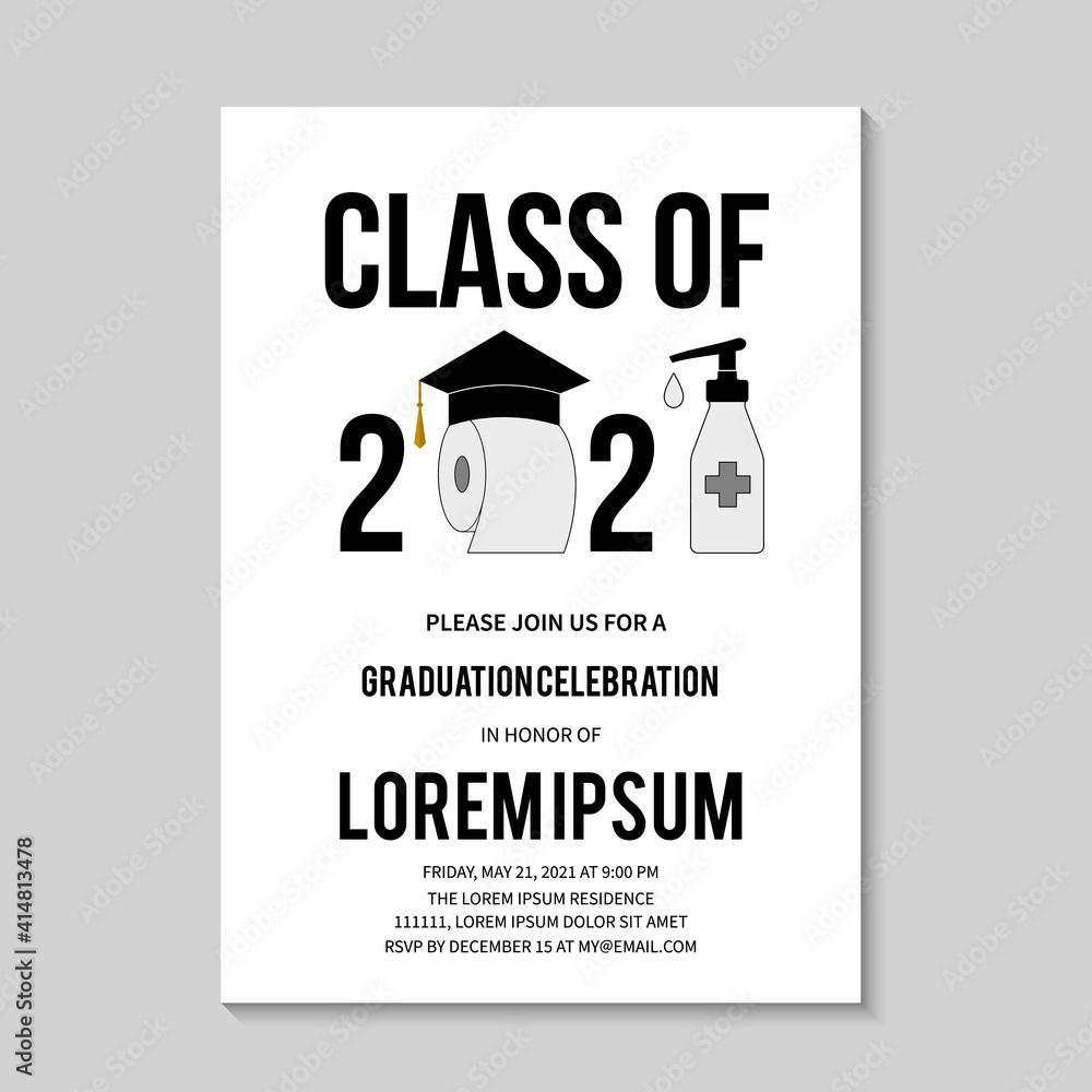 Naklejka premium Graduation Ceremony Class of 2021 invitation card with toilet paper. Funny graduation party invite. Coronavirus COVID-19 Quarantine concept. Grad announcement template. Vector illustration