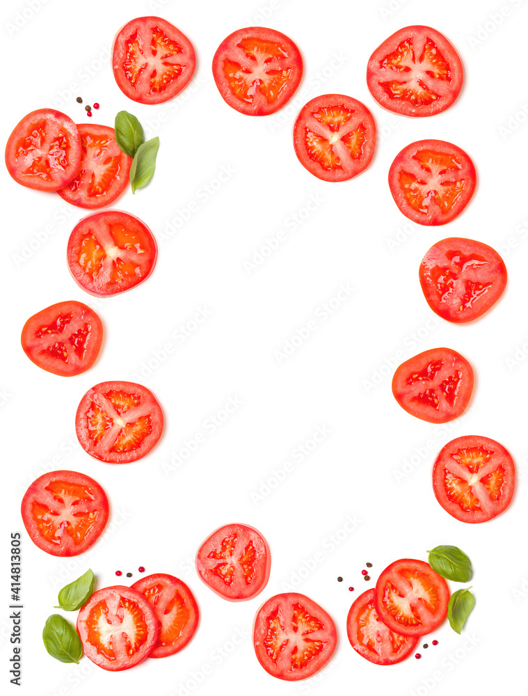 Creative layout made of tomato slices and basil leaves. Flat lay, top view. Food concept. Vegetables isolated on white background. Food ingredients pattern with copy space.