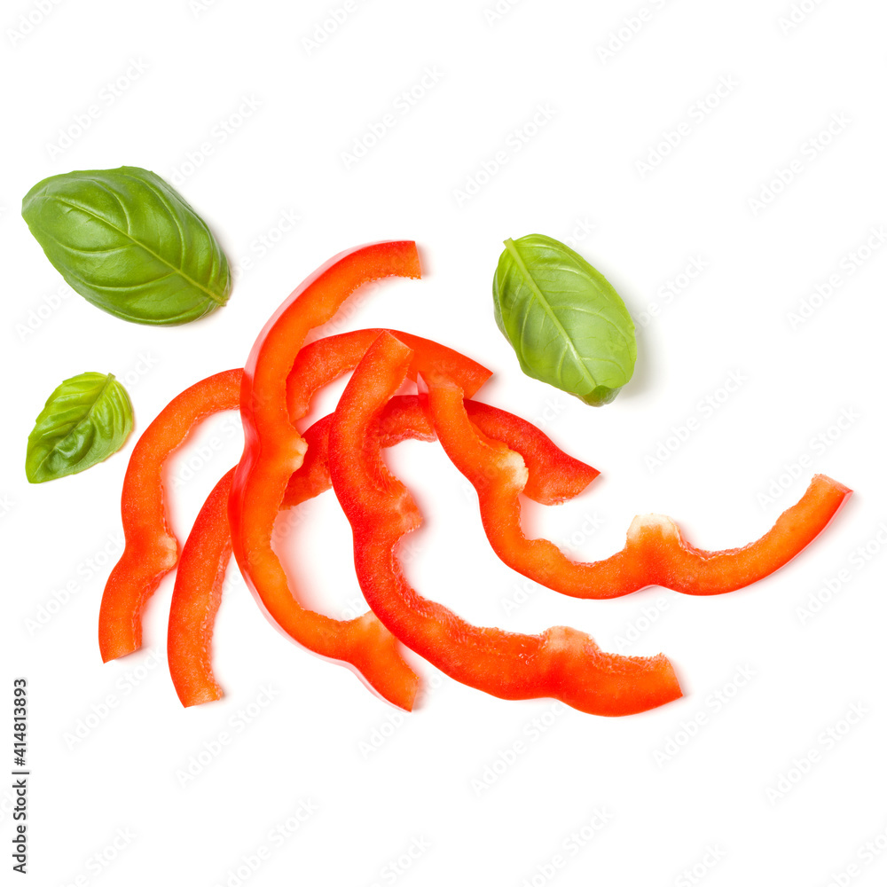 red pepper slices with basil leaves isolated over white background cutout. Top view, flat lay.. red pepper slices with basil leaves isolated over white background cutout. Top view, flat lay..
