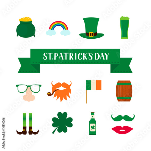 St. Patricks day symbol icons and photo booth props set green hat, shamrock, treasure of leprechaun, mustache, beard, pipe, pot, etc. Vector element of design for greeting card, banner, sticker