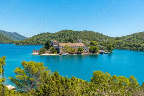 Small island with benedictine monastery of Saint Mary at Mljet national park in Croatia