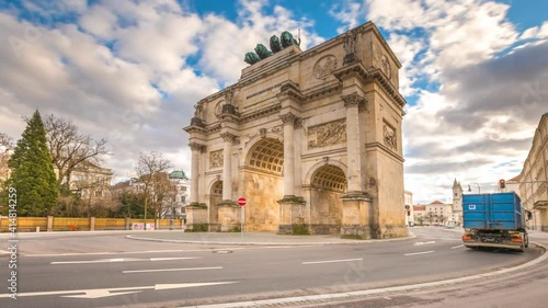 The Siegestor Victory Arch in Munich City time lapse Hyperlapse Video in 4K, Munich Bavaria, Germany. Munich traffic street cars urban scene.