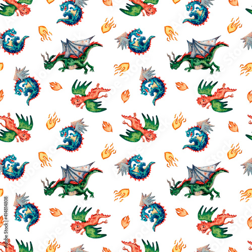 Cute viking pattern. Seamless texture. Dragons  helmets  shields and fire. Fairy tale cartoon style. Funny textile print fot boys. Children illustrations. Wrapping paper print.