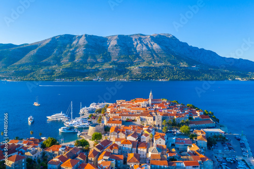 Aerial view of Croatian town Korcula and Sveti Ilija mountain photo