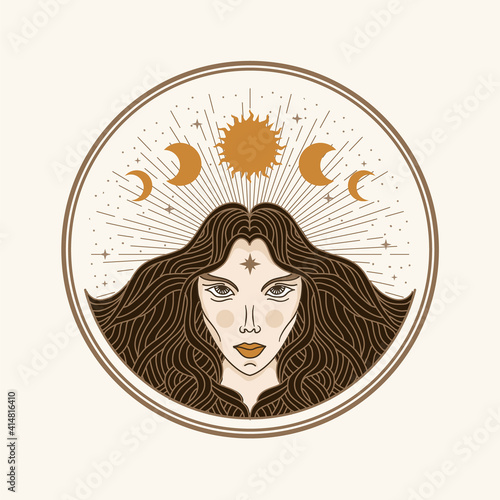 Moon woman, illustration with esoteric, boho, spiritual, geometric, astrology, magic themes, for tarot reader card or posters