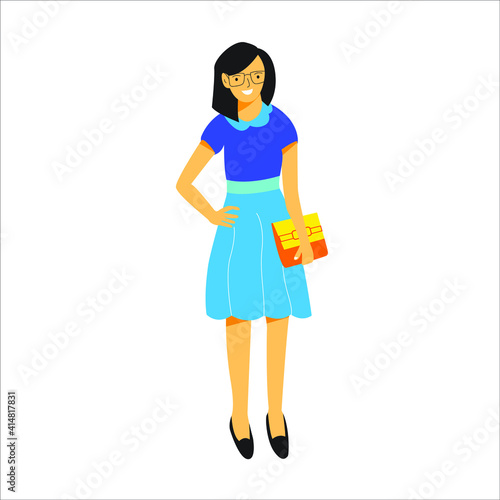 Stylish glasses young woman wearing office dress and hold a pouch bag. Flat vector design character illustration with white background