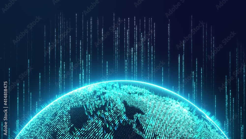 Digital Earth globe rotating in cyberspace with data flowing neon light stripe, 3D futuristic global network communication technology in modern digital age world, hologram dot particle background