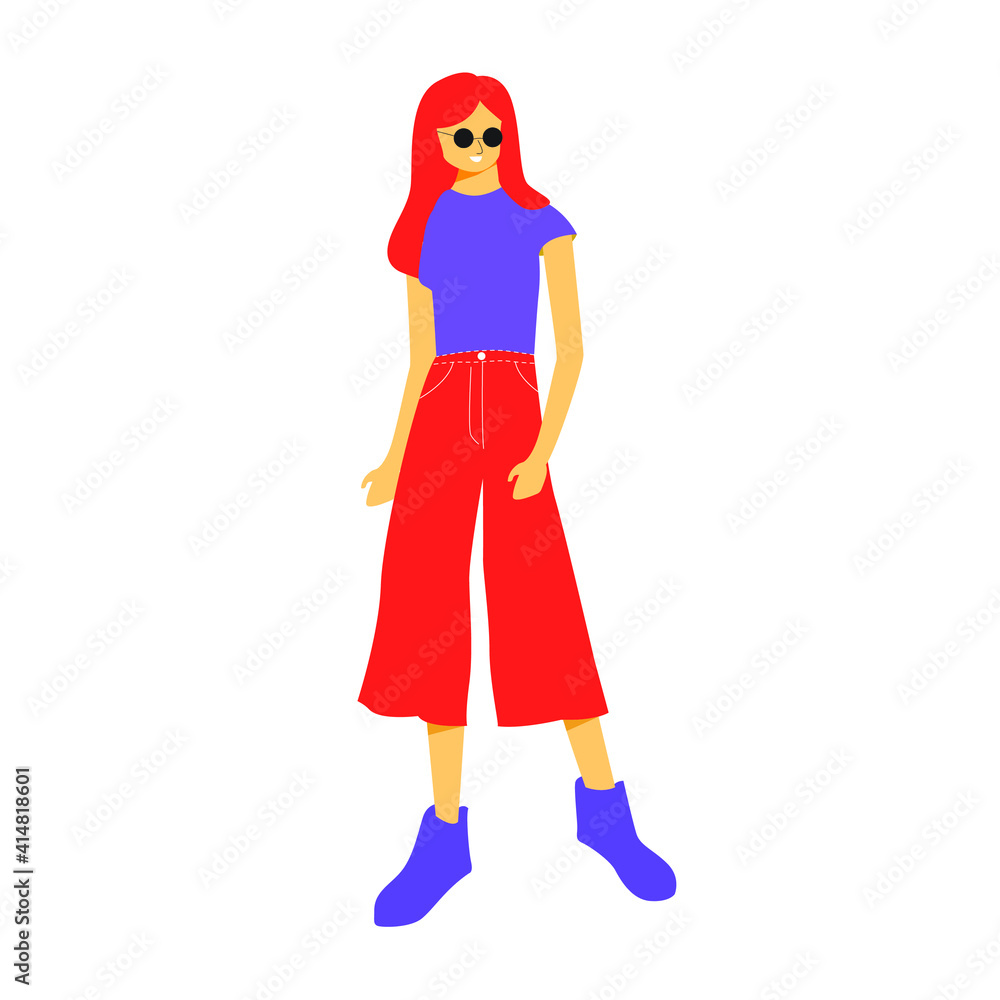 Young woman stands in model pose wearing sunglasses with beautiful red long hair. Flat vector design character illustration with white background.