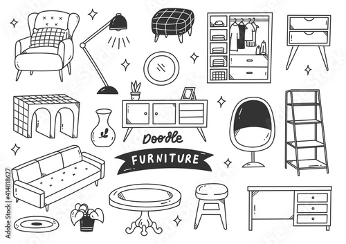 set of interior object in hand drawn doodle style vector illustration