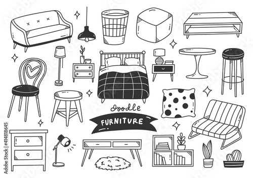 set of interior object in hand drawn doodle style vector illustration