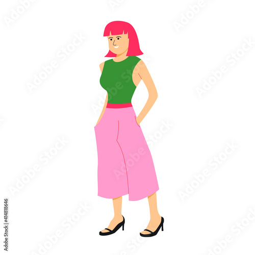 Young woman stands in a stylish pose wearing sleeveless shirt with beautiful short red hair. Flat vector design character illustration with white background.

