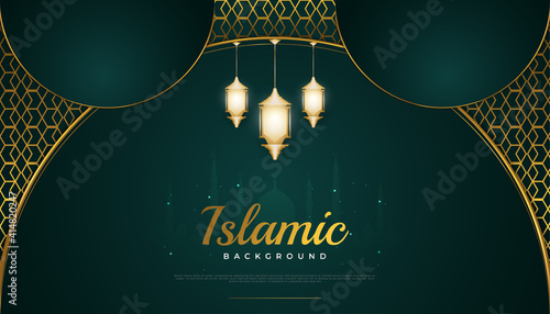 Islamic Background with Arabic Pattern, Mosque Silhouette, and Golden Lanterns on Elegant Background