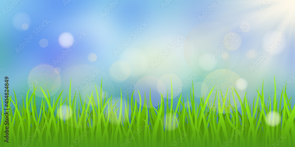 Vector spring background, grass and blurry sky. Bokeh effect, sun rays.