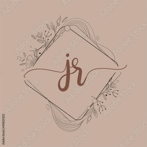 Letter JR Initial Logo with Hand Draw Floral, Initial Wedding Font Logo And Business or Company Identity.